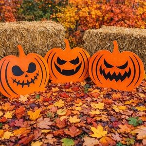 Trio Of Halloween Pumpkin Holiday Yard Art, Solid Steel, Powder Coated